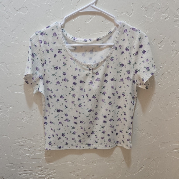 Floral Short Sleeve Top in White and Purple - Picture 1 of 5